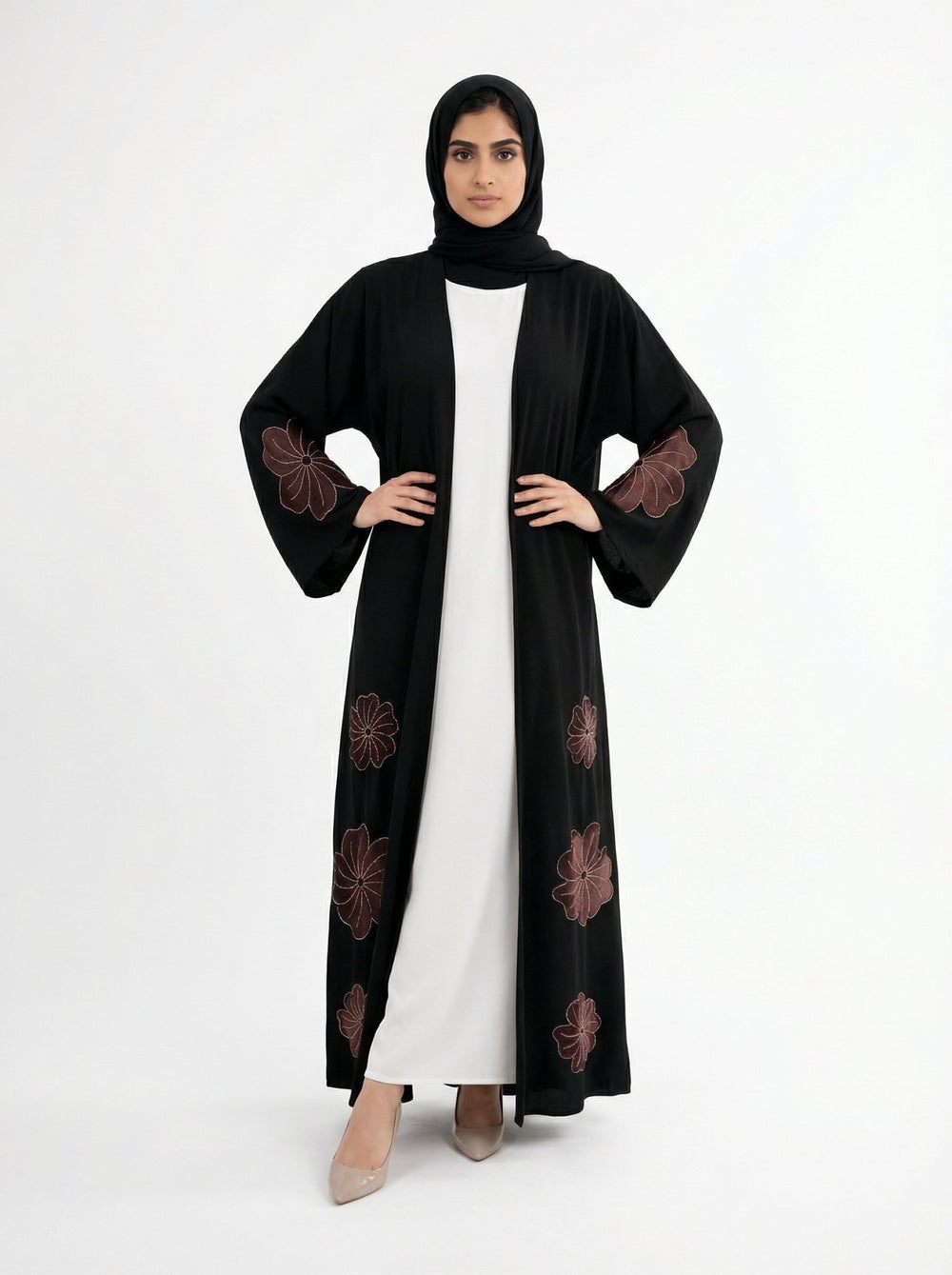 Dubai Style Black Abaya With Brown Velvet Floral - Luxury Modest Wear - Abaya Elegance
