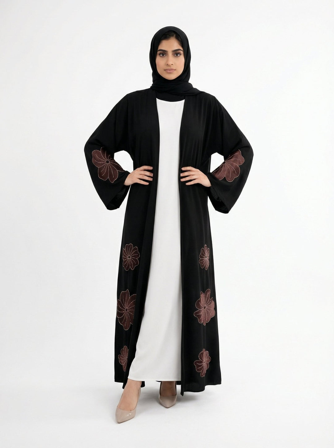 Dubai Style Black Abaya With Brown Velvet Floral - Luxury Modest Wear - Abaya Elegance