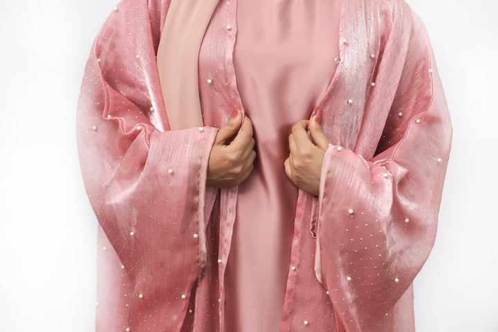 Dusty Rose Pearl Embellished Front Open Abaya - Abaya Elegance