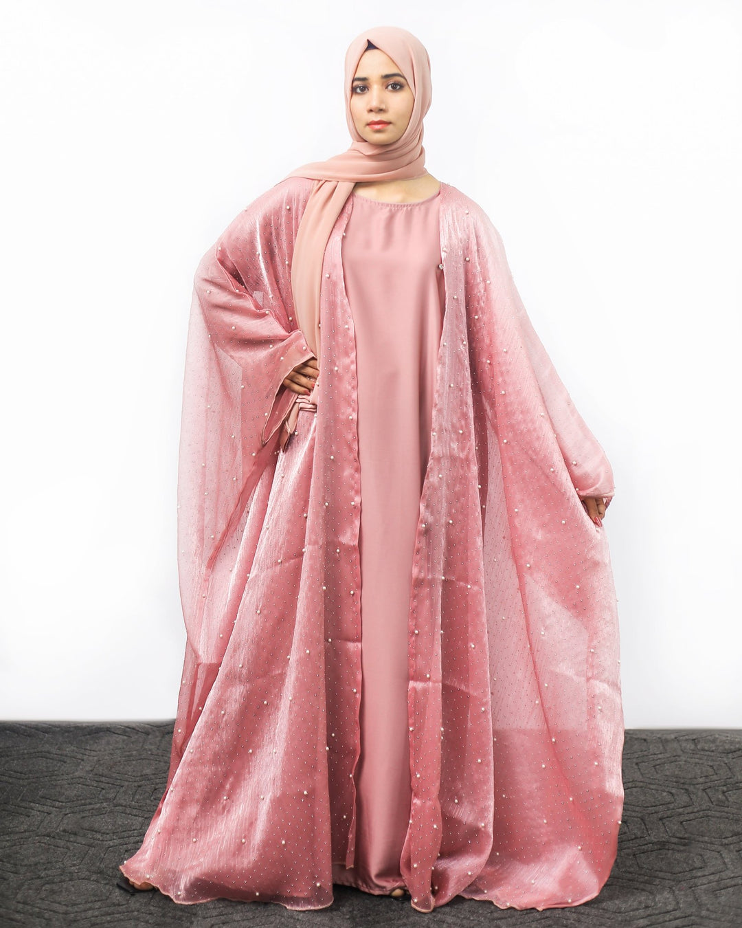 Dusty Rose Pearl Embellished Front Open Abaya - Abaya Elegance