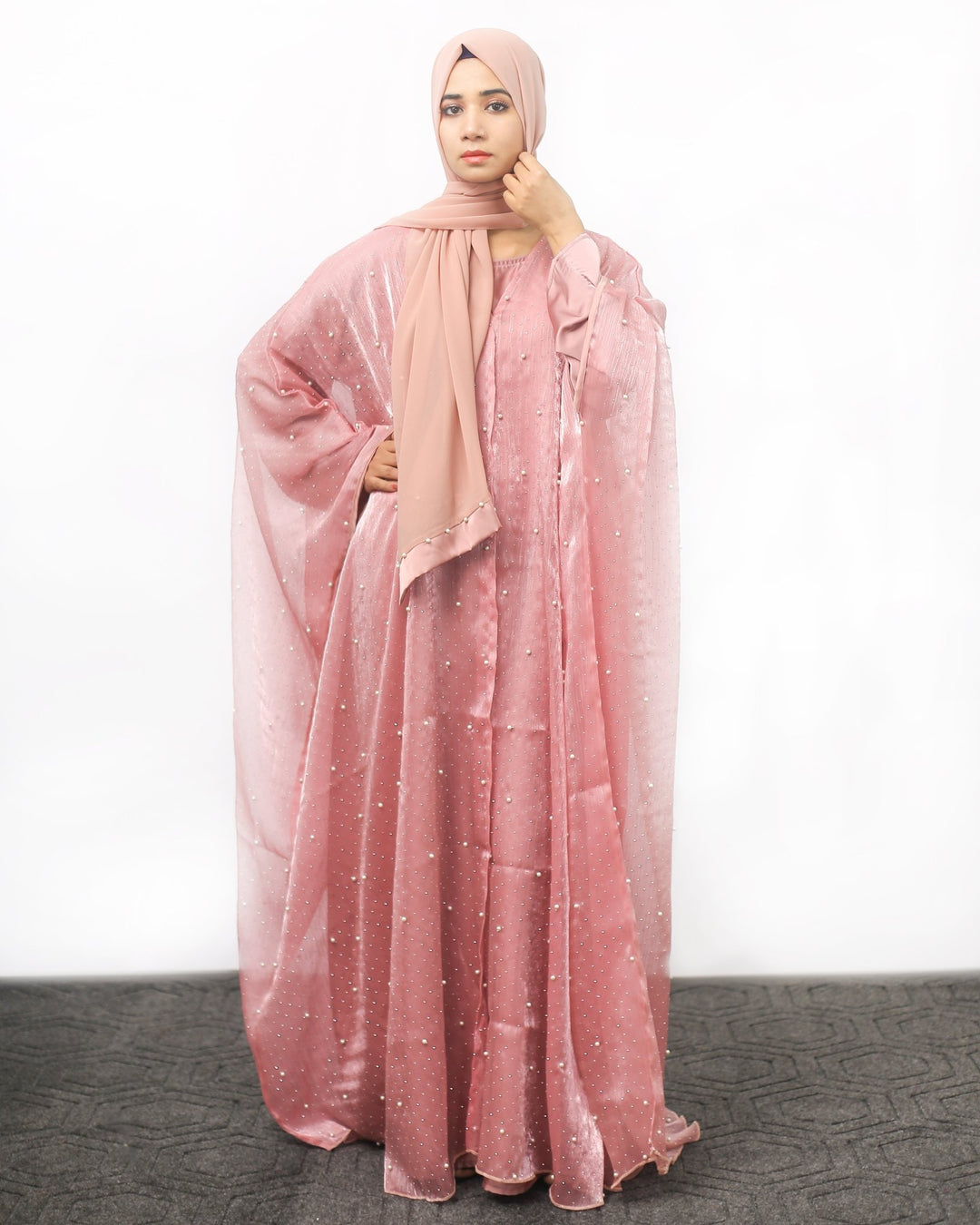 Dusty Rose Pearl Embellished Front Open Abaya - Abaya Elegance