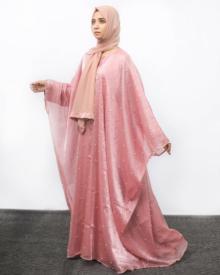 Dusty Rose Pearl Embellished Front Open Abaya - Abaya Elegance