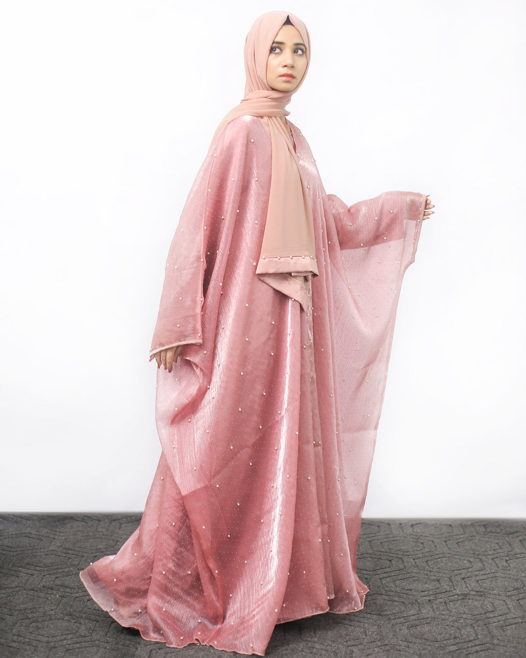Dusty Rose Pearl Embellished Front Open Abaya - Abaya Elegance