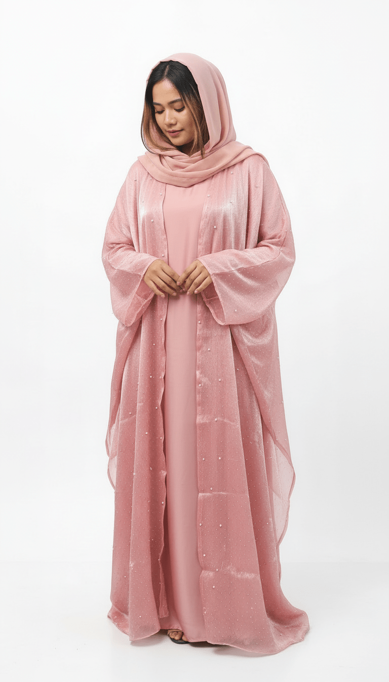 Dusty Rose Pearl Embellished Front Open Abaya - Abaya Elegance