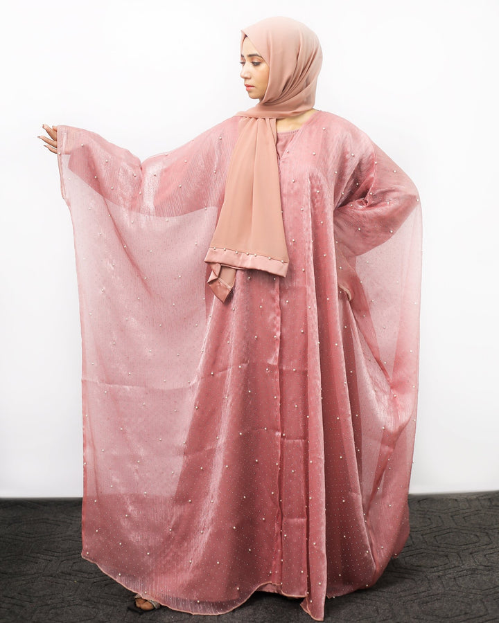 Dusty Rose Pearl Embellished Front Open Abaya - Abaya Elegance