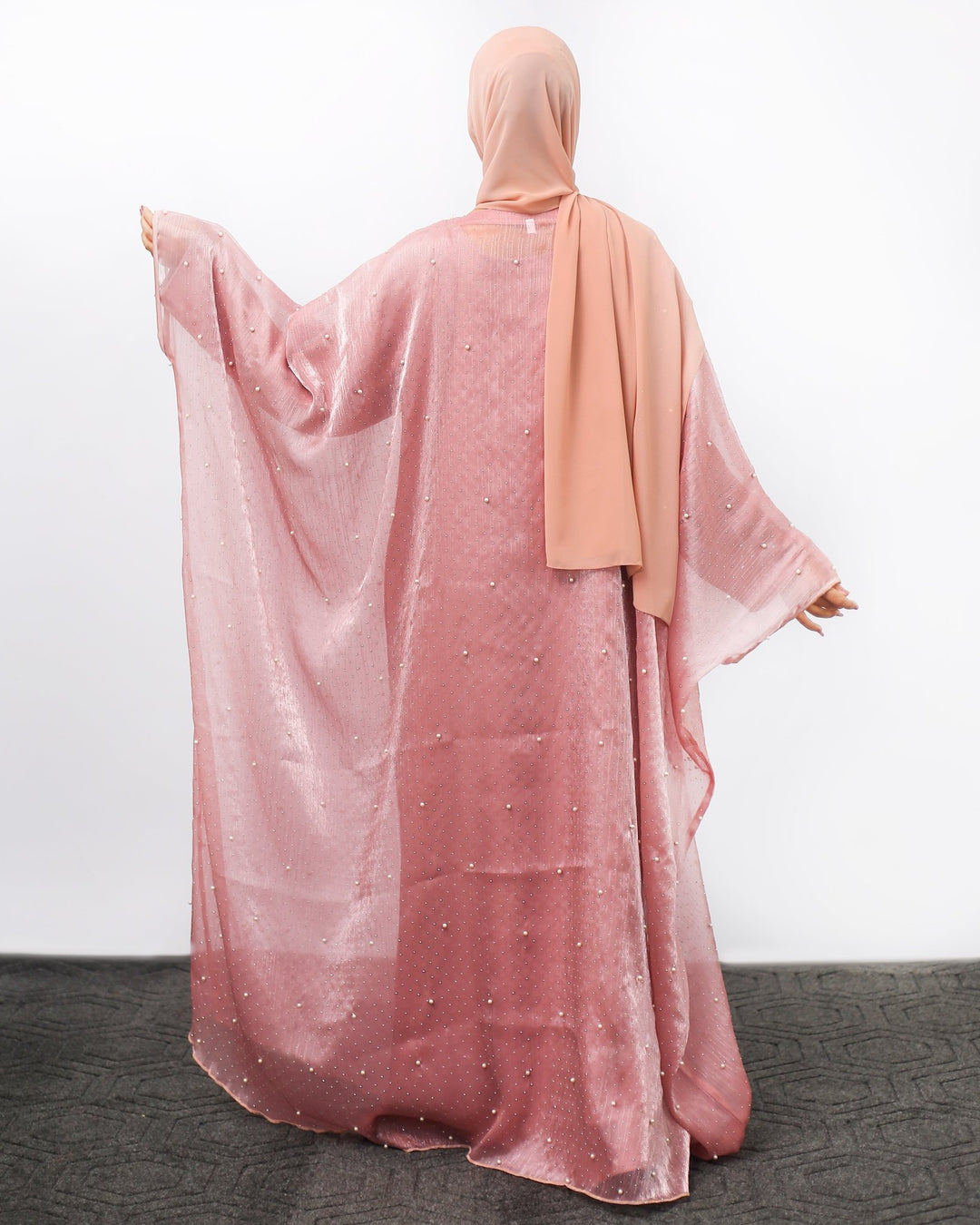 Dusty Rose Pearl Embellished Front Open Abaya - Abaya Elegance