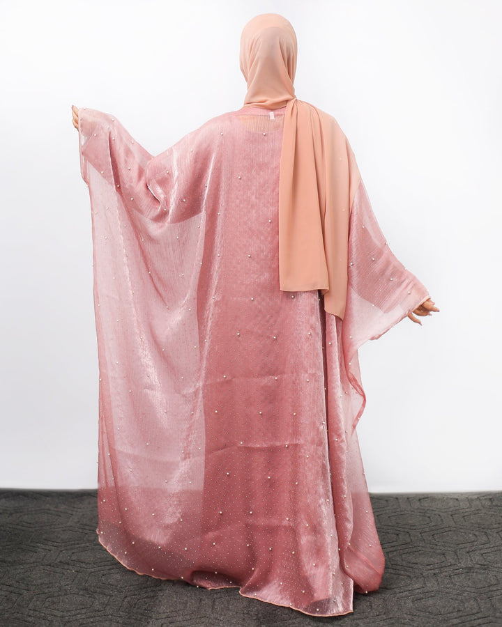 Dusty Rose Pearl Embellished Front Open Abaya - Abaya Elegance