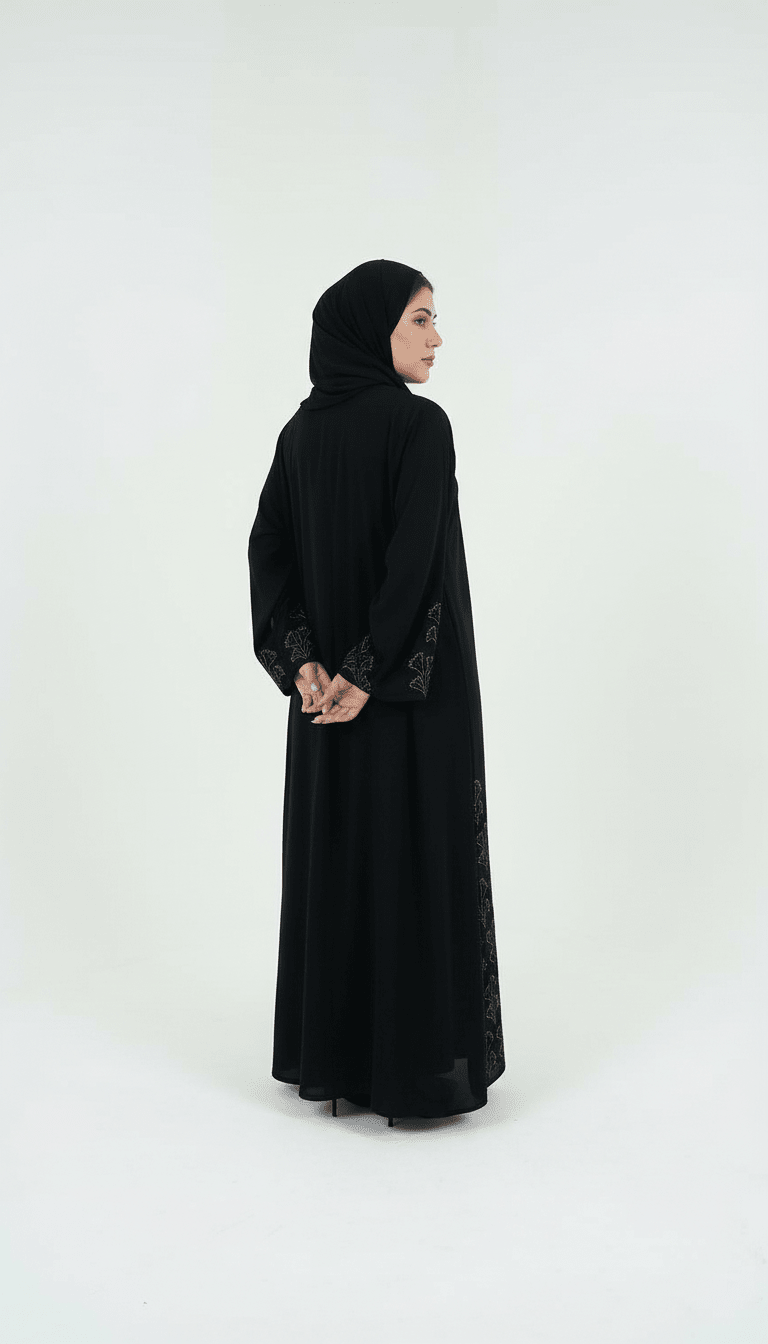 Elegant Black Front Open Abaya with Leaf Detailing - Abaya Elegance