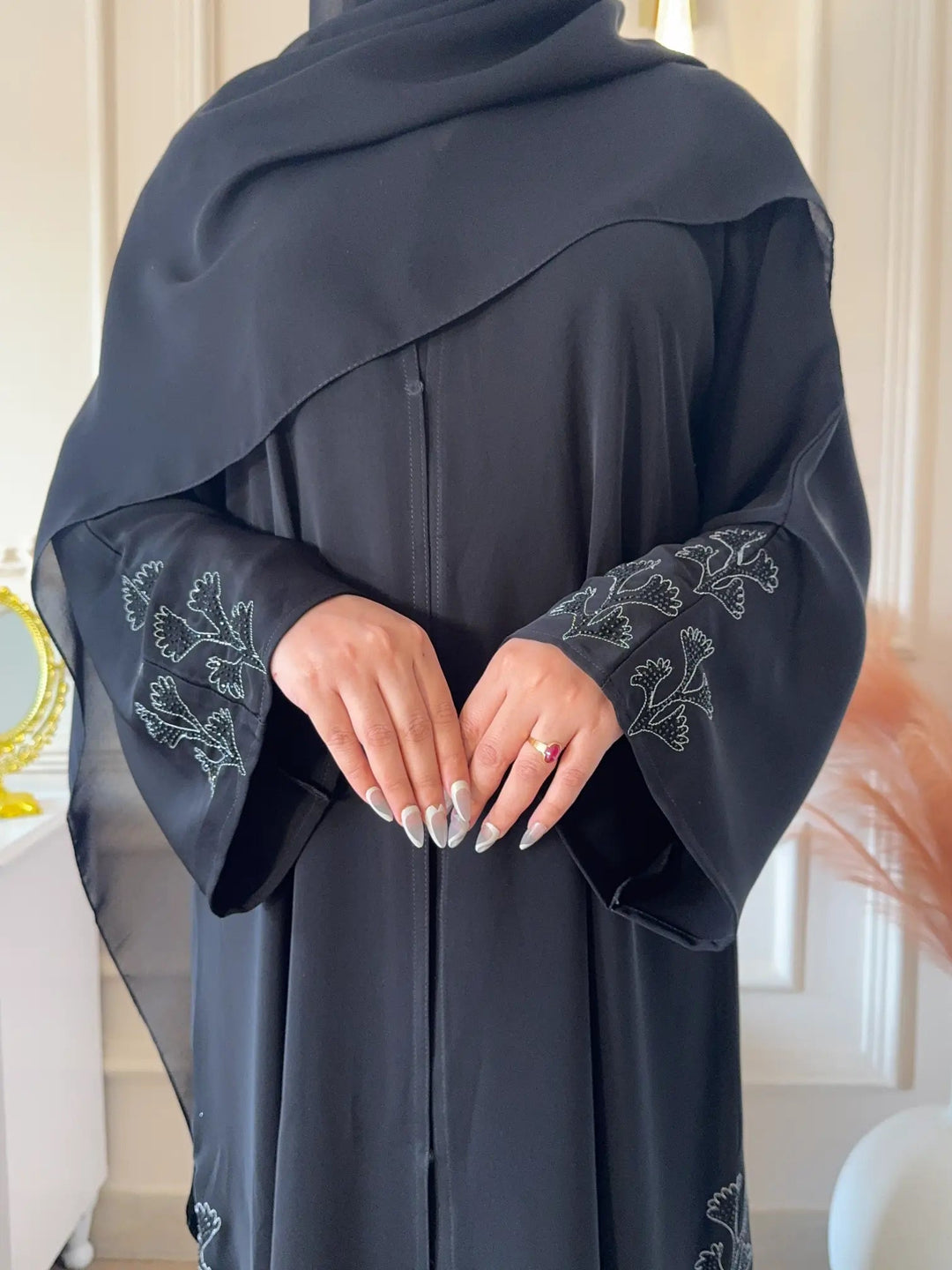 Elegant Black Front Open Abaya with Leaf Detailing - Abaya Elegance