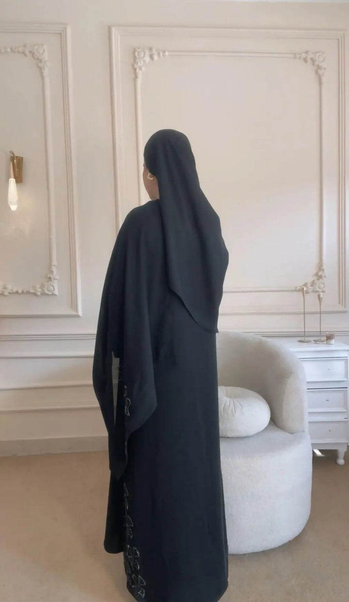 Elegant Black Front Open Abaya with Leaf Detailing - Abaya Elegance