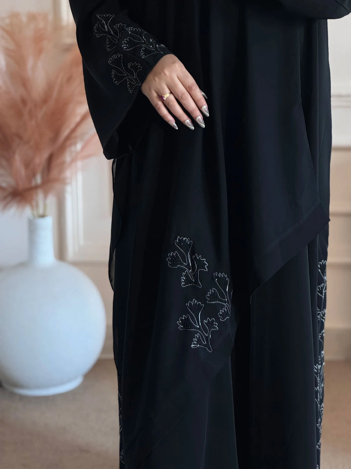 Elegant Black Front Open Abaya with Leaf Detailing - Abaya Elegance