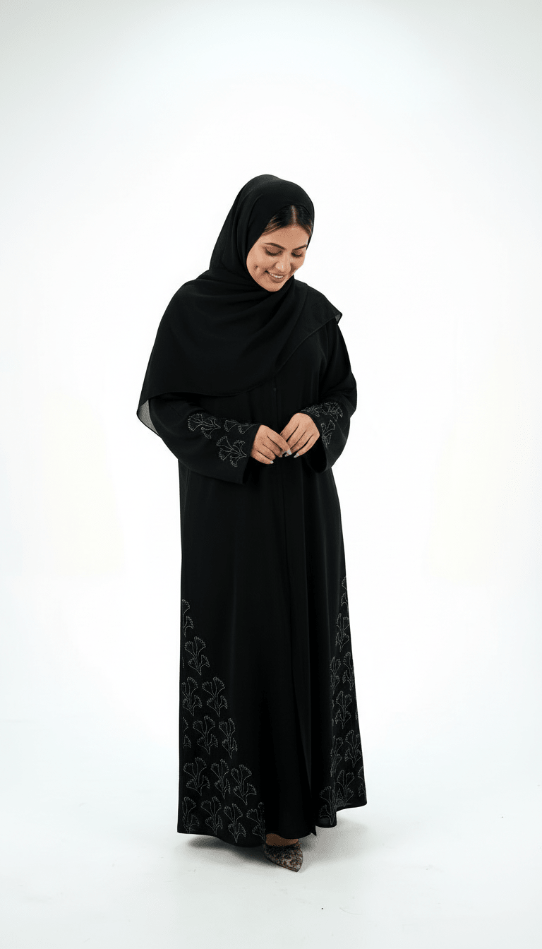 Elegant Black Front Open Abaya with Leaf Detailing - Abaya Elegance