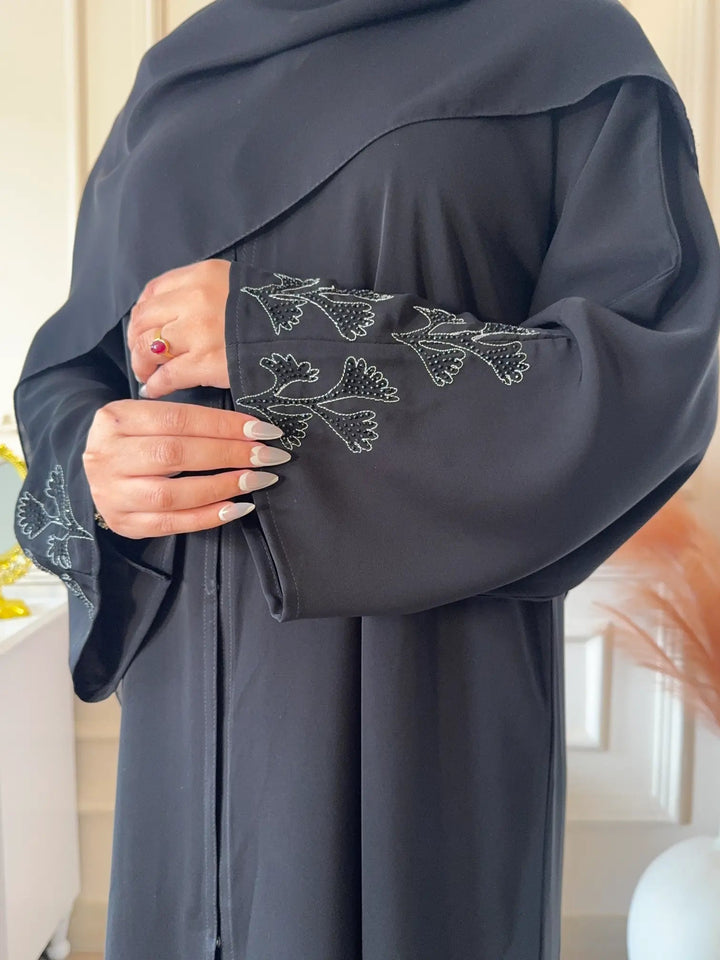 Elegant Black Front Open Abaya with Leaf Detailing - Abaya Elegance