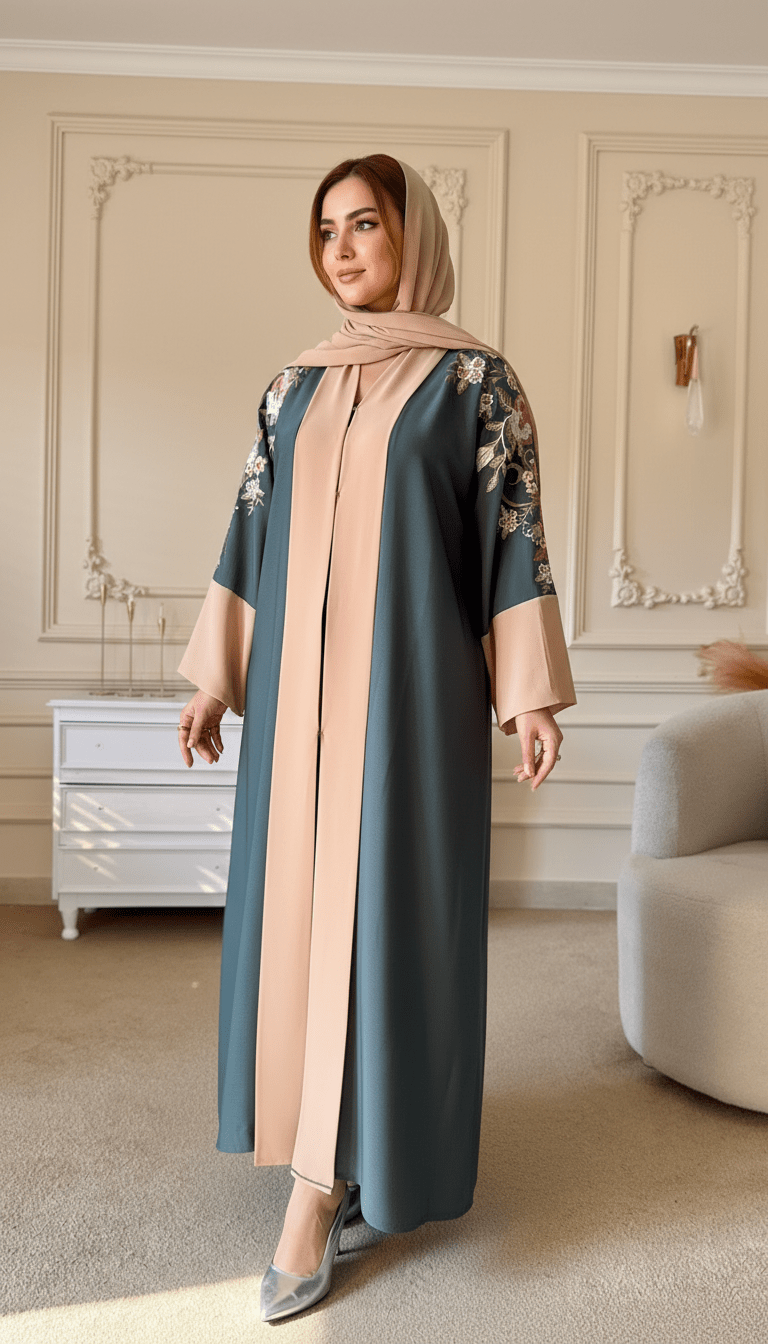 Elegant Cream Sage Embroidered Abaya - Abaya Elegance