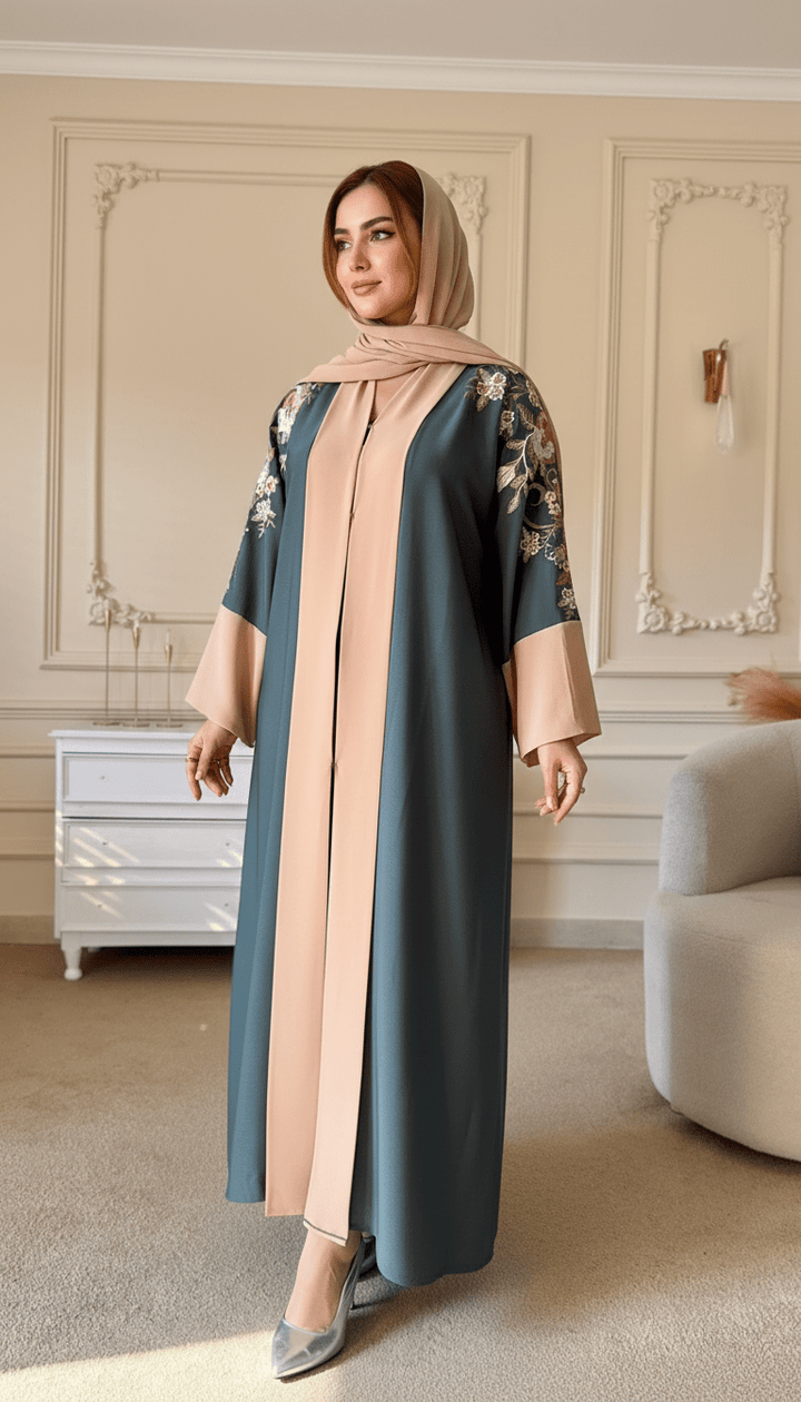 Elegant Cream Sage Embroidered Abaya - Abaya Elegance