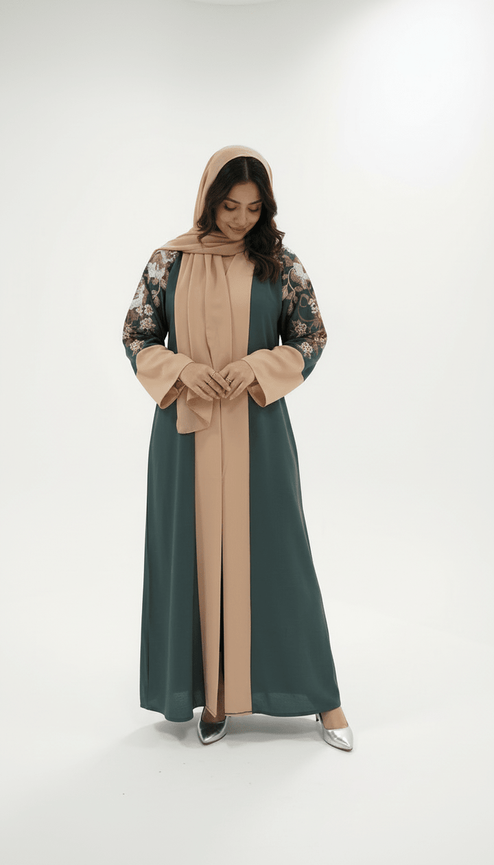 Elegant Cream Sage Embroidered Abaya - Abaya Elegance