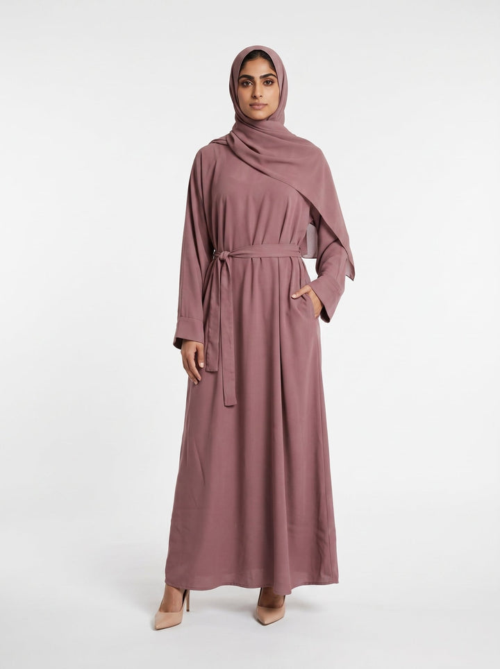 Elegant Dusty Rose Tie-Waist Dubai Abaya with Matching Hijab - Abaya Elegance