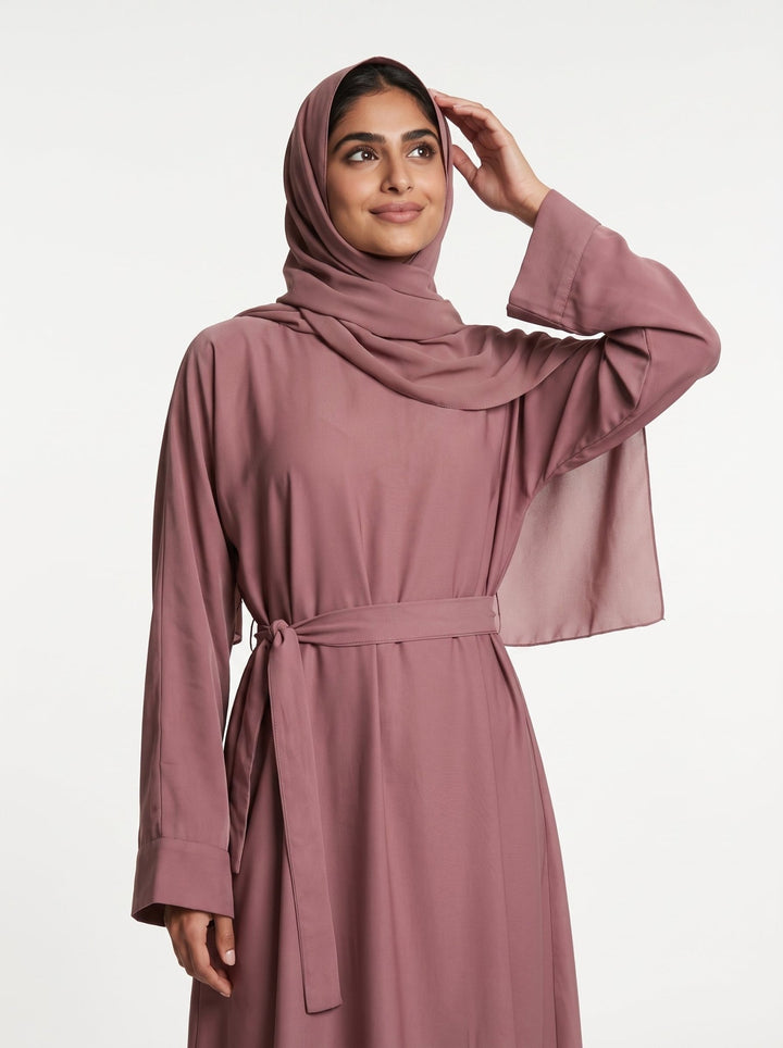 Elegant Dusty Rose Tie-Waist Dubai Abaya with Matching Hijab - Abaya Elegance
