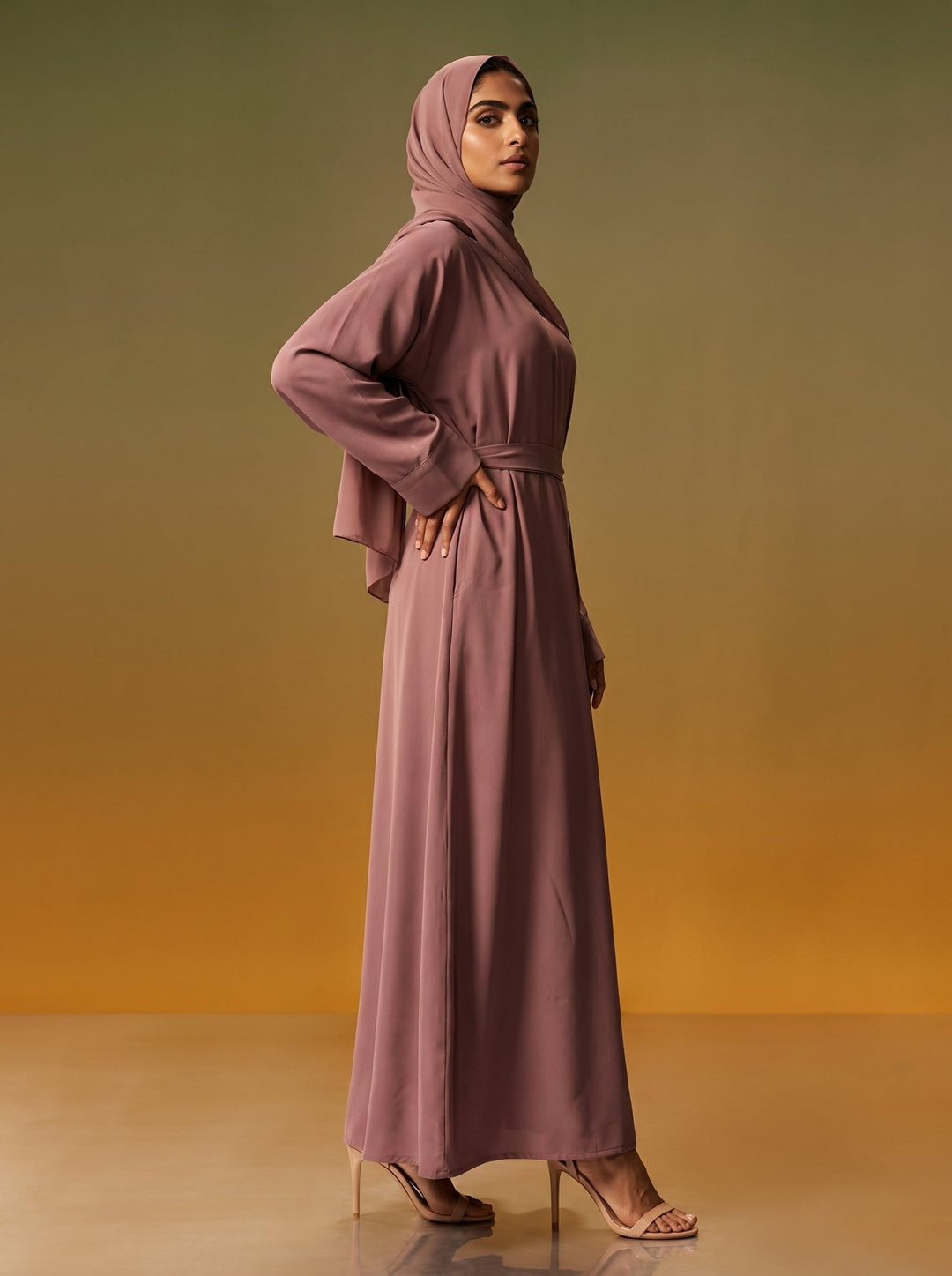 Elegant Dusty Rose Tie-Waist Dubai Abaya with Matching Hijab - Abaya Elegance