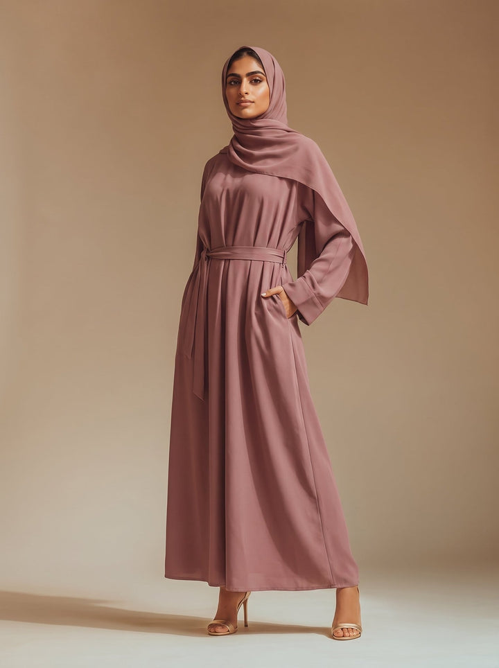 Elegant Dusty Rose Tie-Waist Dubai Abaya with Matching Hijab - Abaya Elegance
