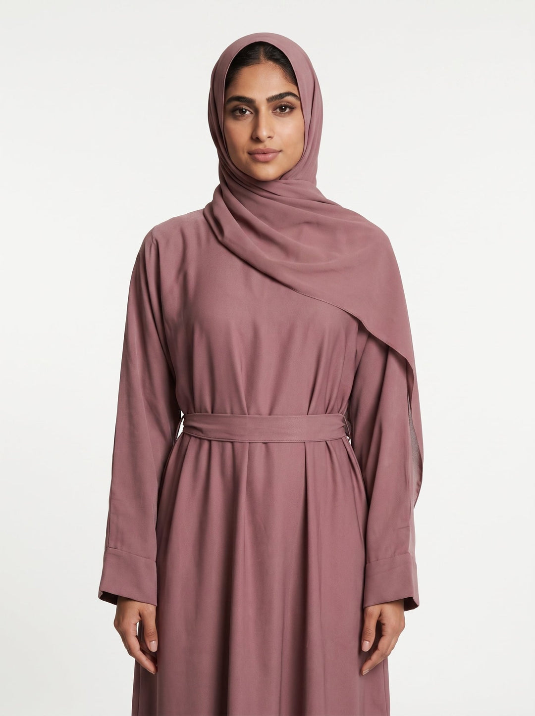 Elegant Dusty Rose Tie-Waist Dubai Abaya with Matching Hijab - Abaya Elegance