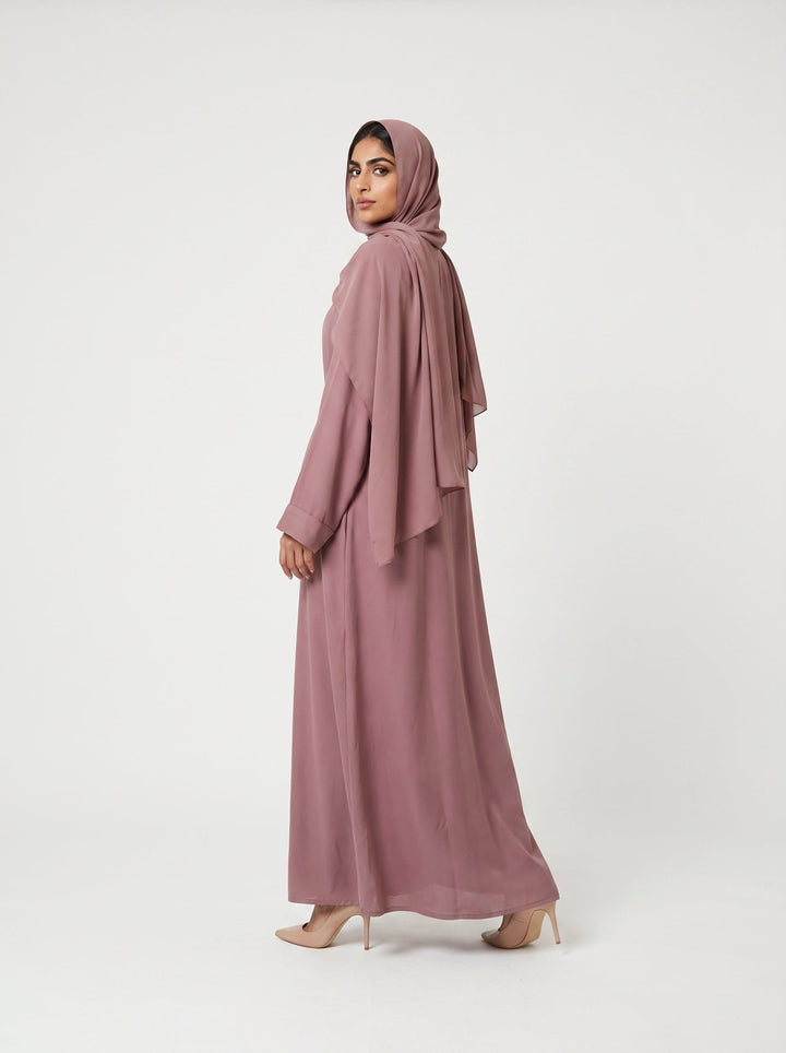 Elegant Dusty Rose Tie-Waist Dubai Abaya with Matching Hijab - Abaya Elegance