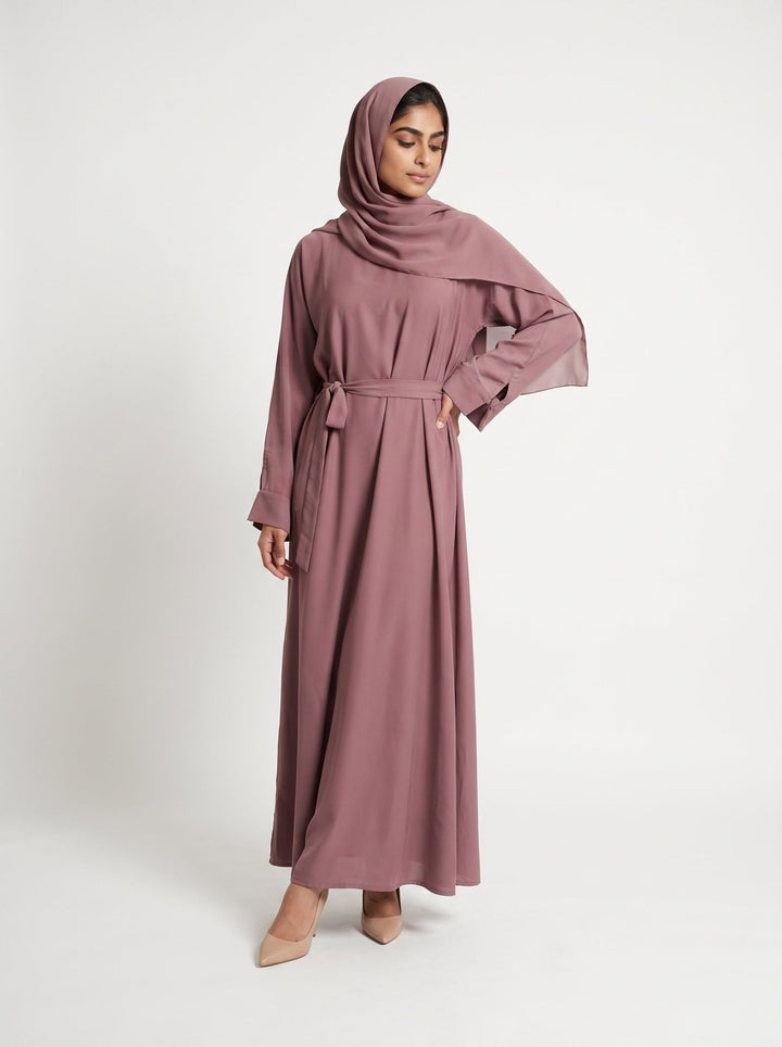 Elegant Dusty Rose Tie-Waist Dubai Abaya with Matching Hijab - Abaya Elegance