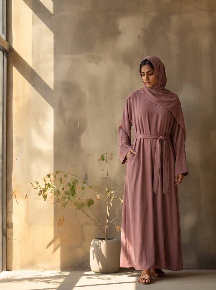 Elegant Dusty Rose Tie-Waist Dubai Abaya with Matching Hijab - Abaya Elegance