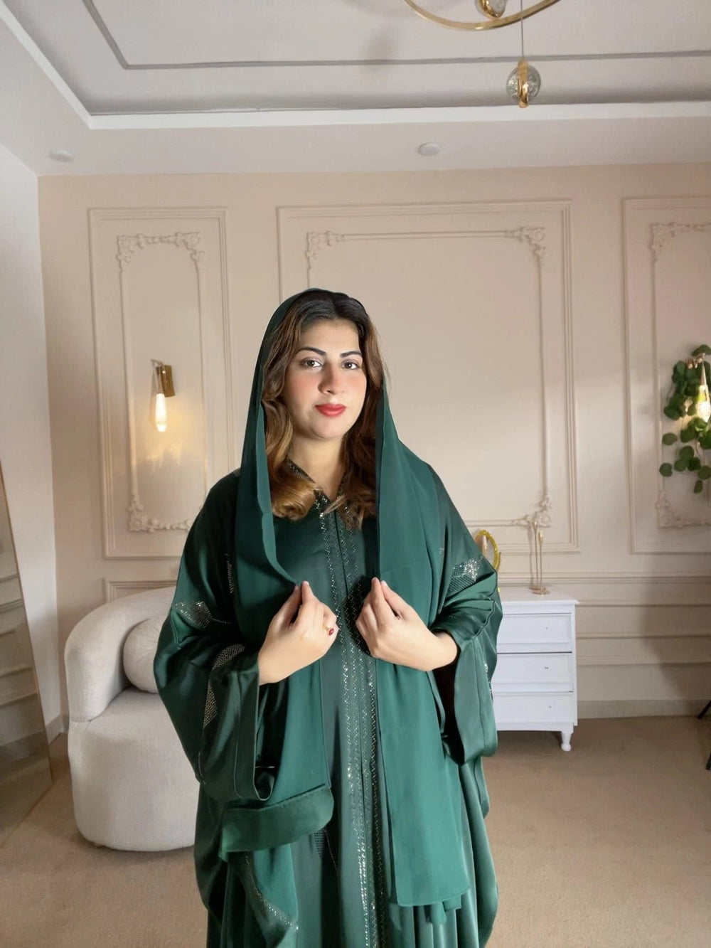 Emerald Green Embellished Abaya with Inner Slip - Abaya Elegance