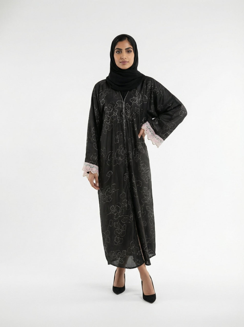 Floral Print Abaya In Black With Lace Cuffs - Modest Luxury Wear - Abaya Elegance