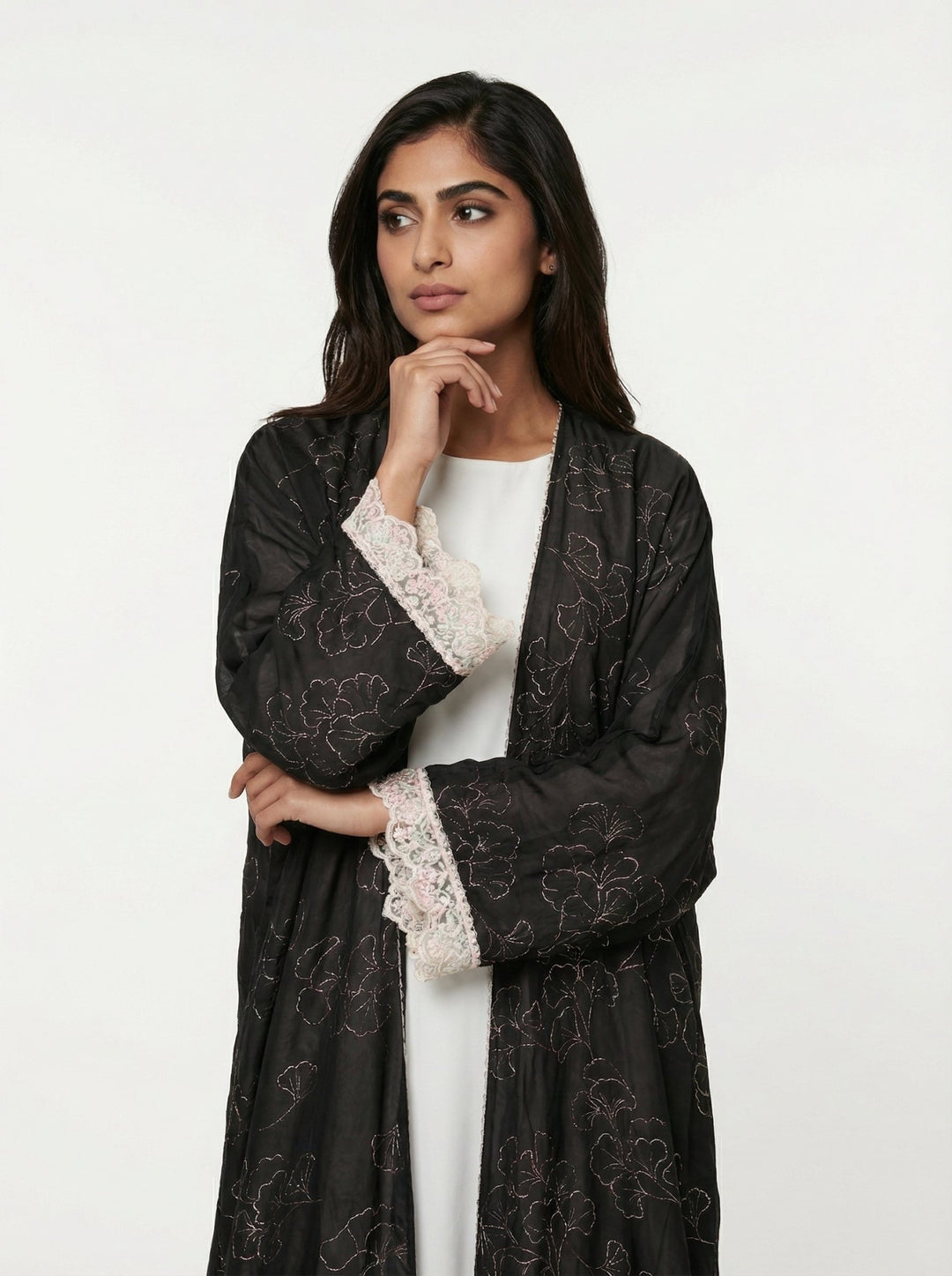 Floral Print Abaya In Black With Lace Cuffs - Modest Luxury Wear - Abaya Elegance