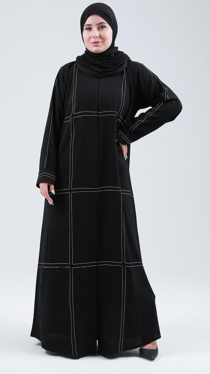 Front Open Abaya With Threaded Design In Black - Abaya Elegance