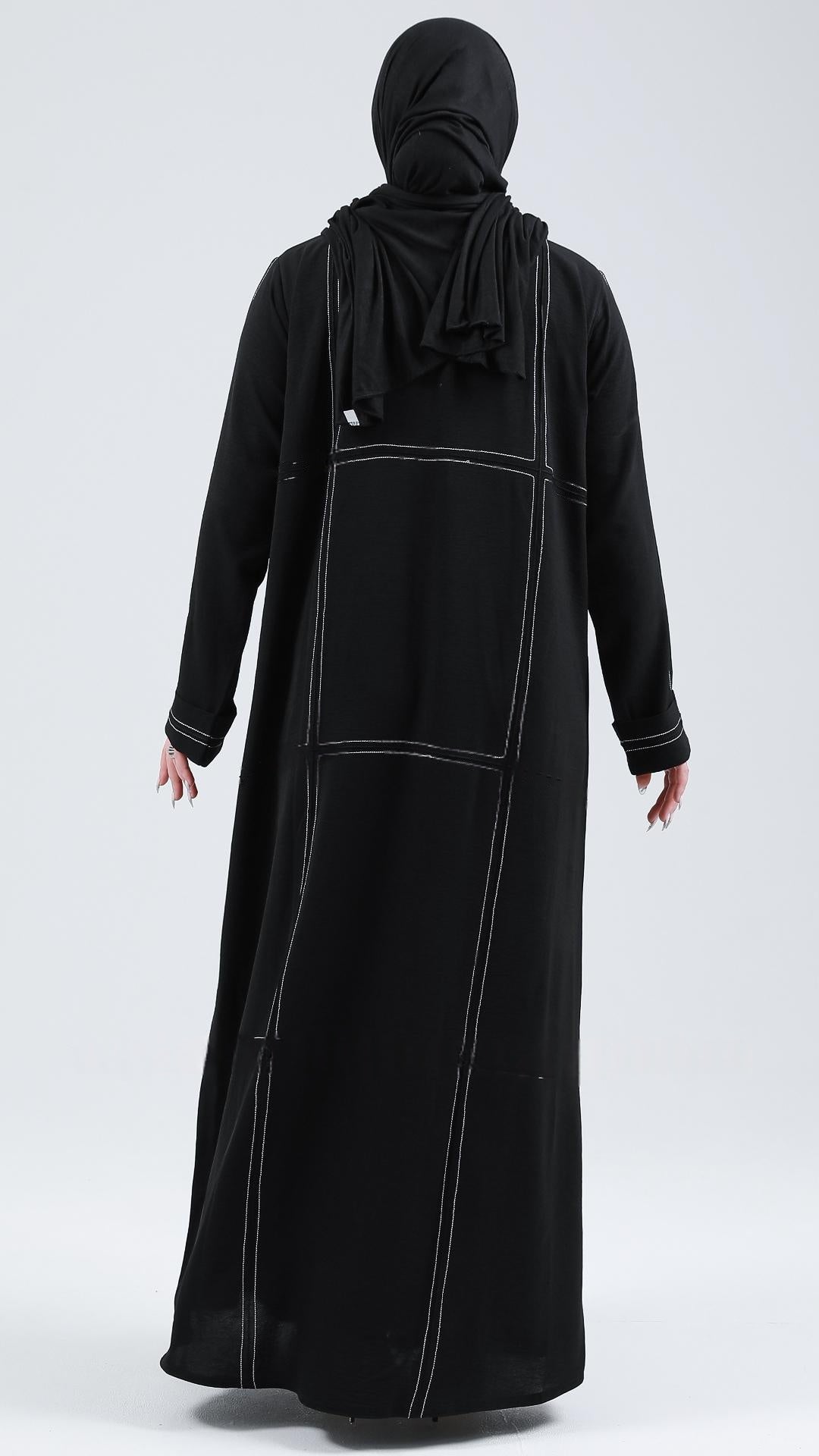 Front Open Abaya With Threaded Design In Black - Abaya Elegance