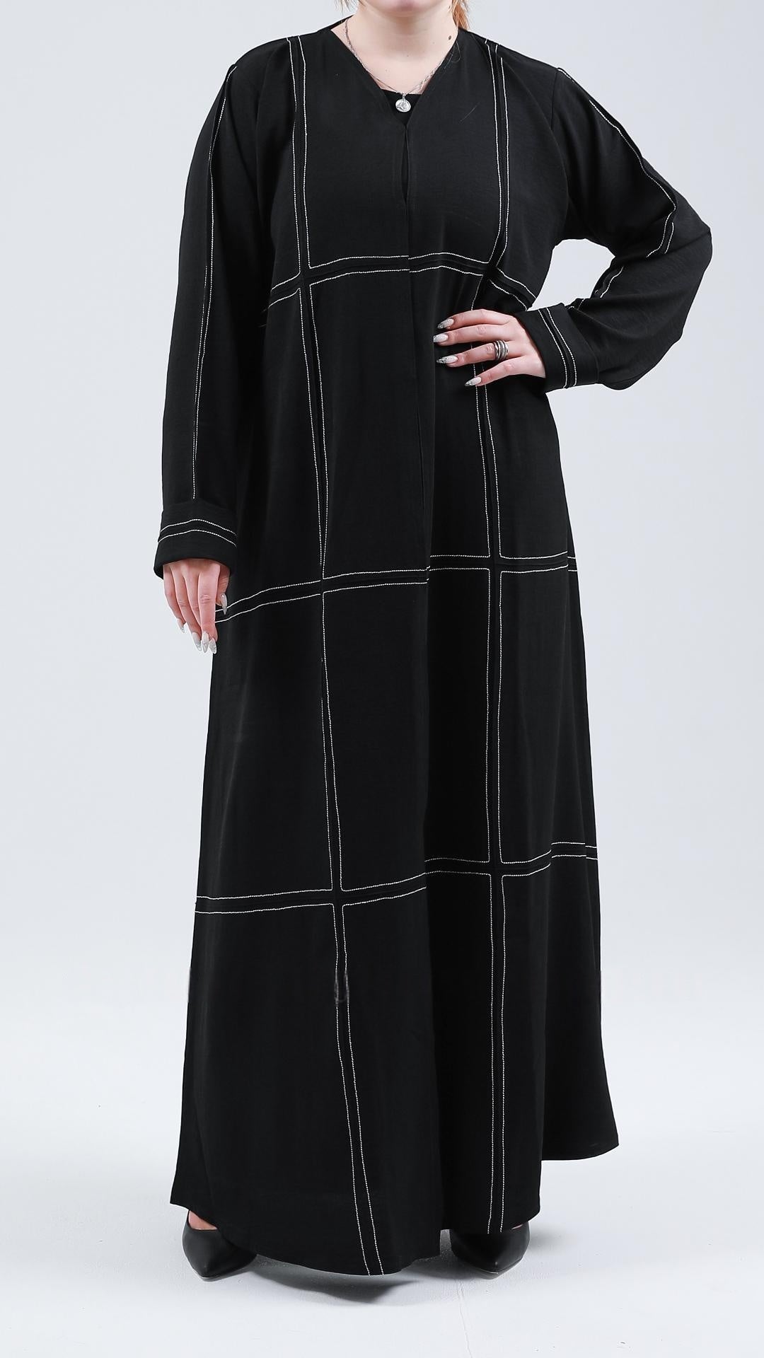 Front Open Abaya With Threaded Design In Black - Abaya Elegance