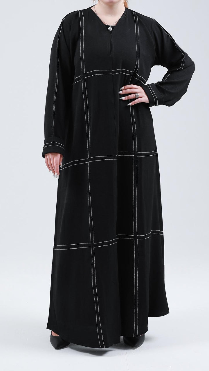 Front Open Abaya With Threaded Design In Black - Abaya Elegance