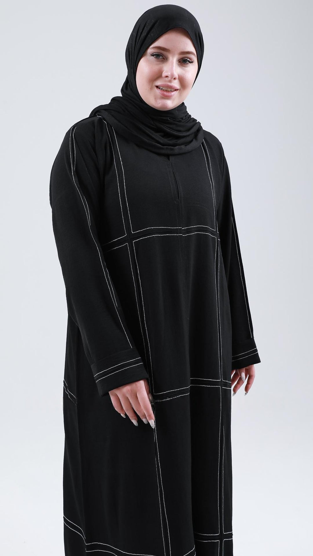 Front Open Abaya With Threaded Design In Black - Abaya Elegance