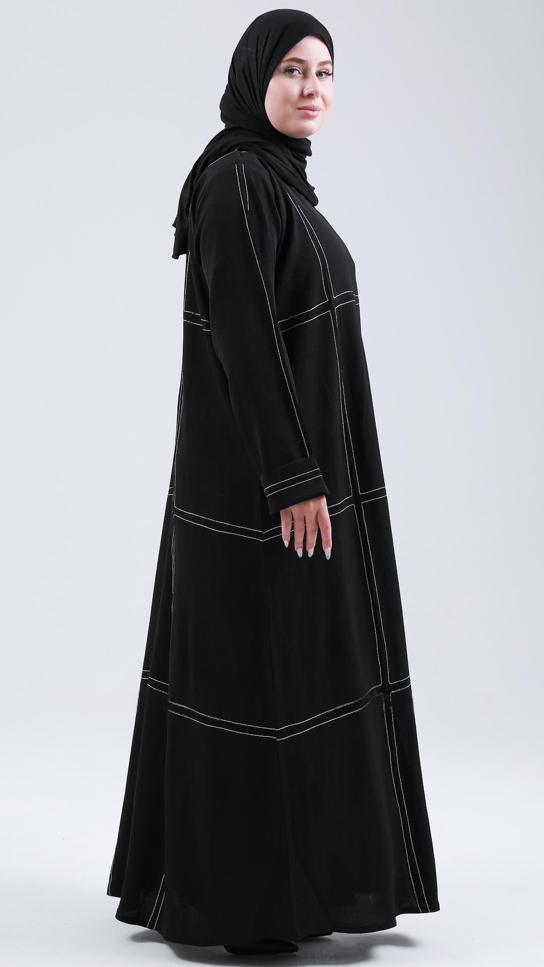 Front Open Abaya With Threaded Design In Black - Abaya Elegance