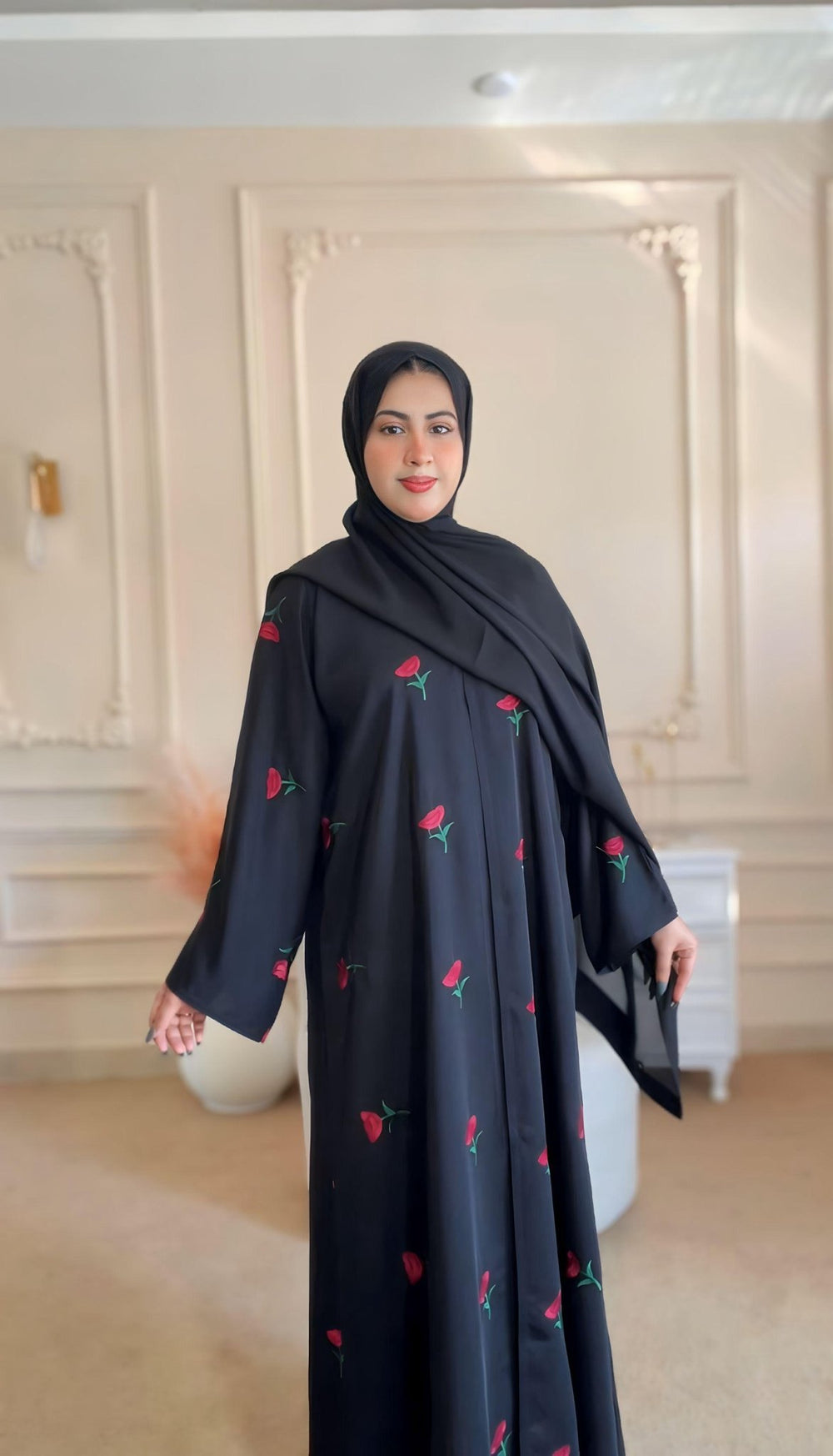 Front - Open Rose Noir Abaya - Abaya Elegance