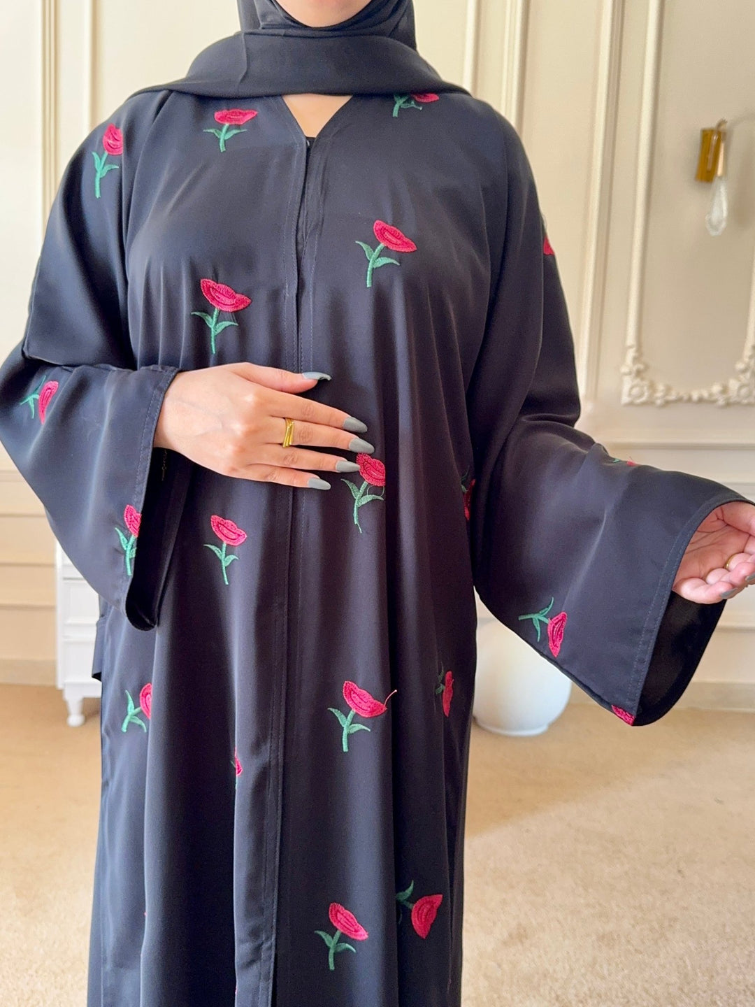 Front - Open Rose Noir Abaya - Abaya Elegance