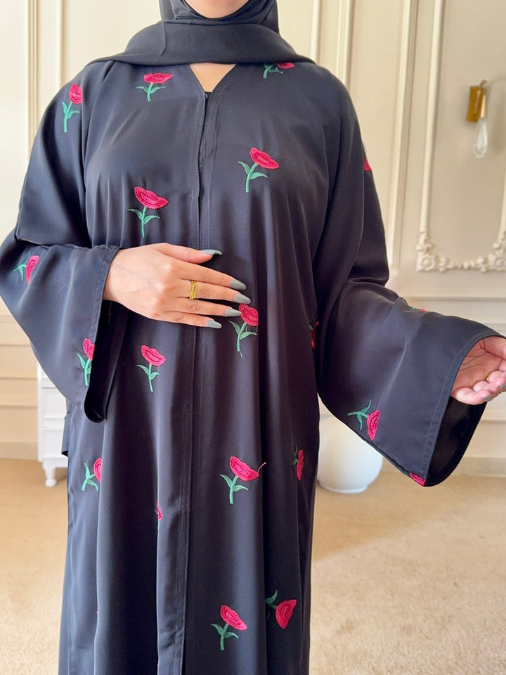 Front - Open Rose Noir Abaya - Abaya Elegance