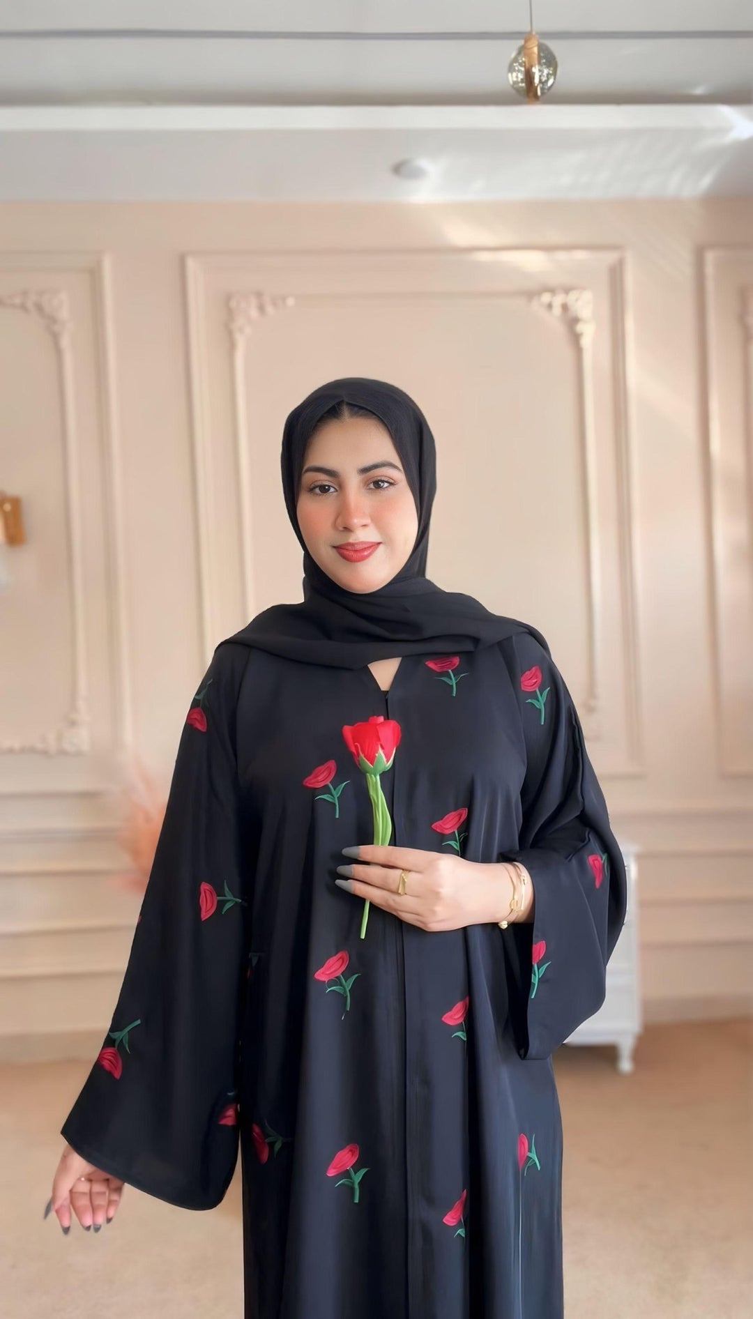 Front - Open Rose Noir Abaya - Abaya Elegance