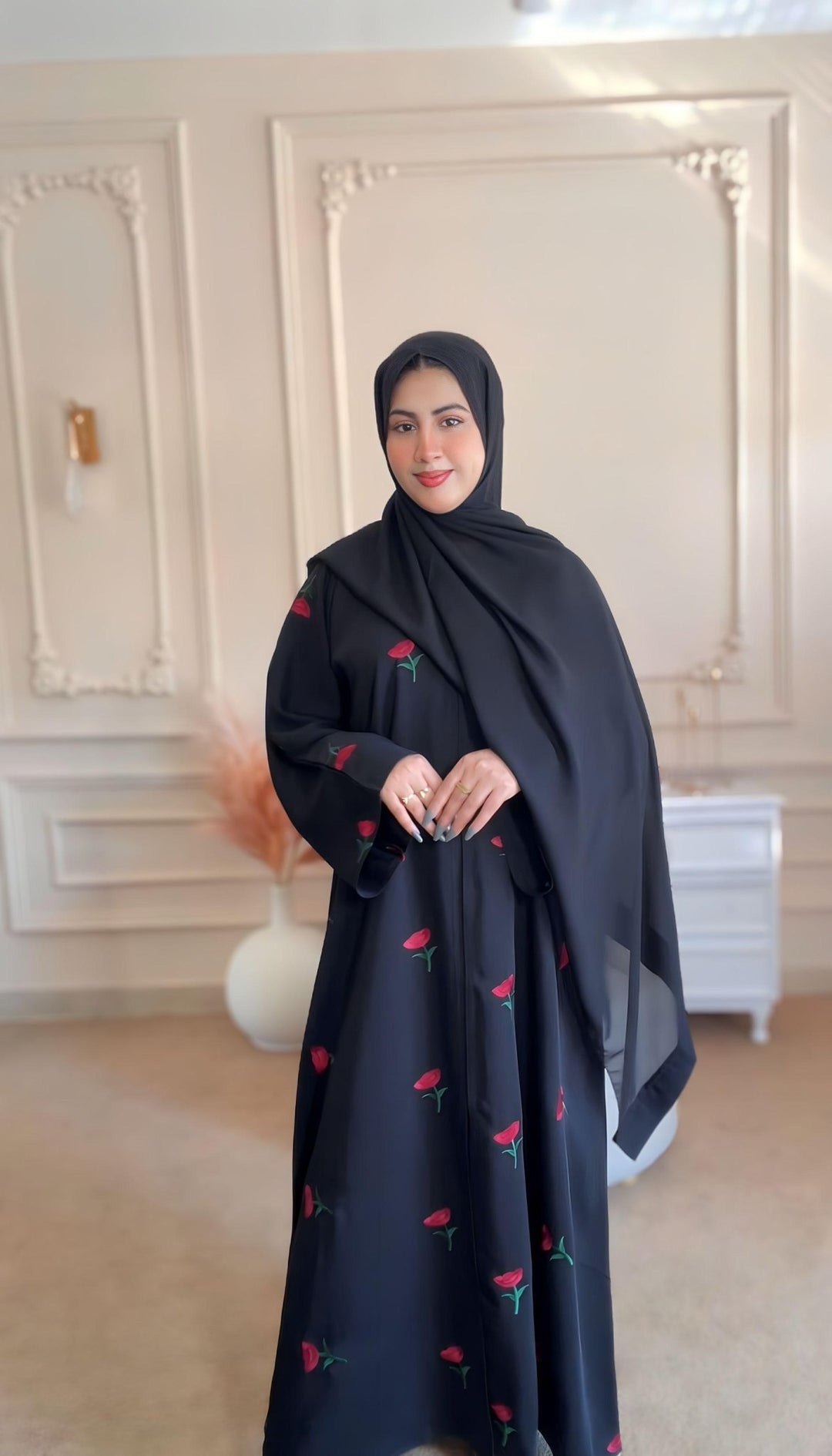 Front - Open Rose Noir Abaya - Abaya Elegance