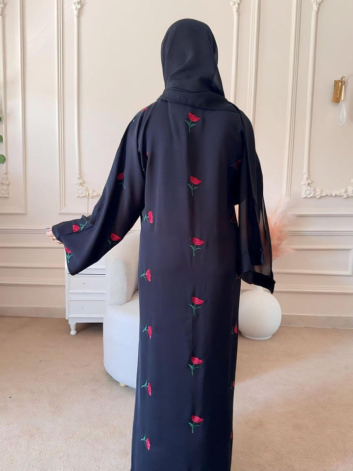 Front - Open Rose Noir Abaya - Abaya Elegance