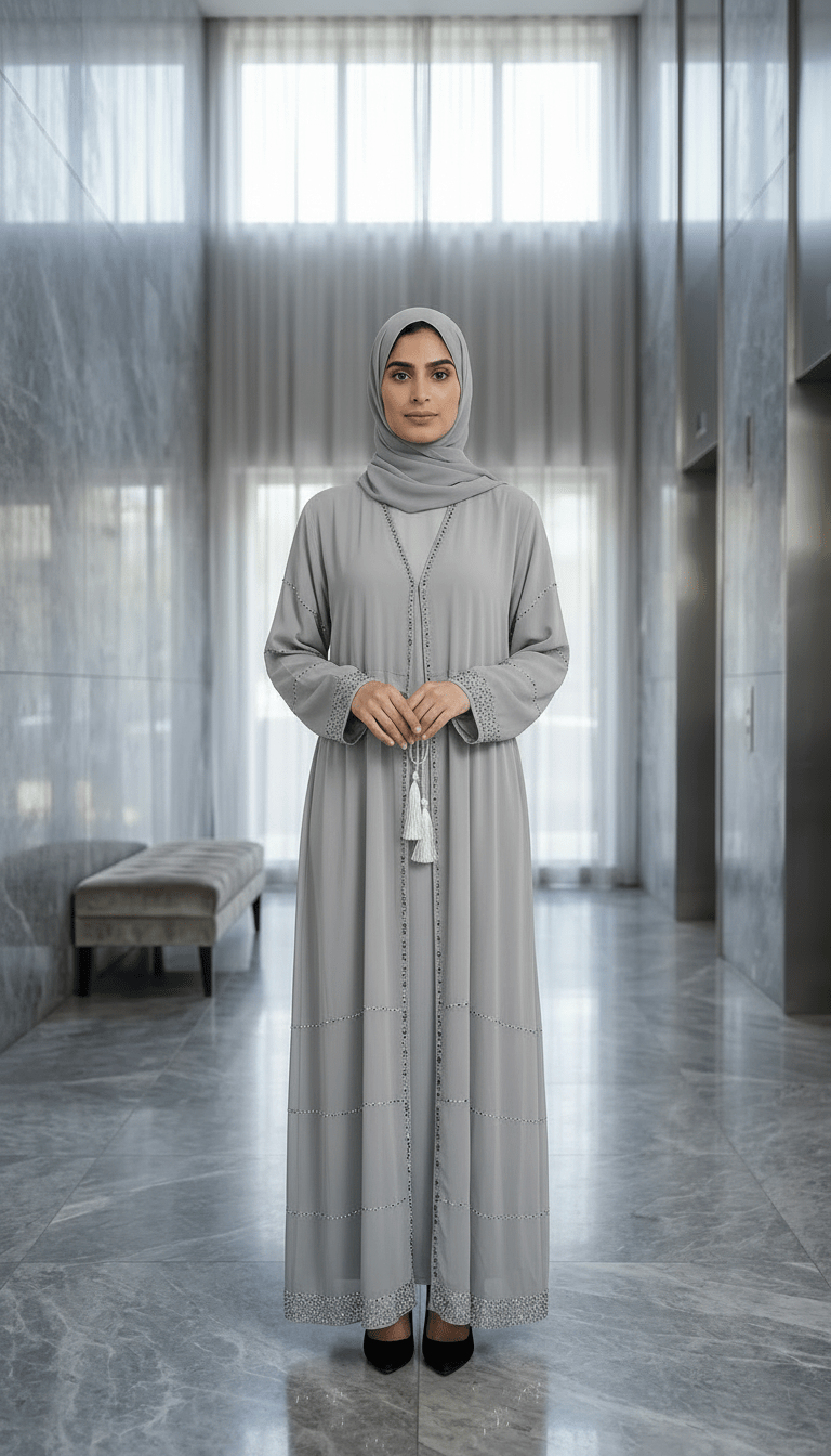 Graceful Silver Abaya with white and Green Diamond - Abaya Elegance