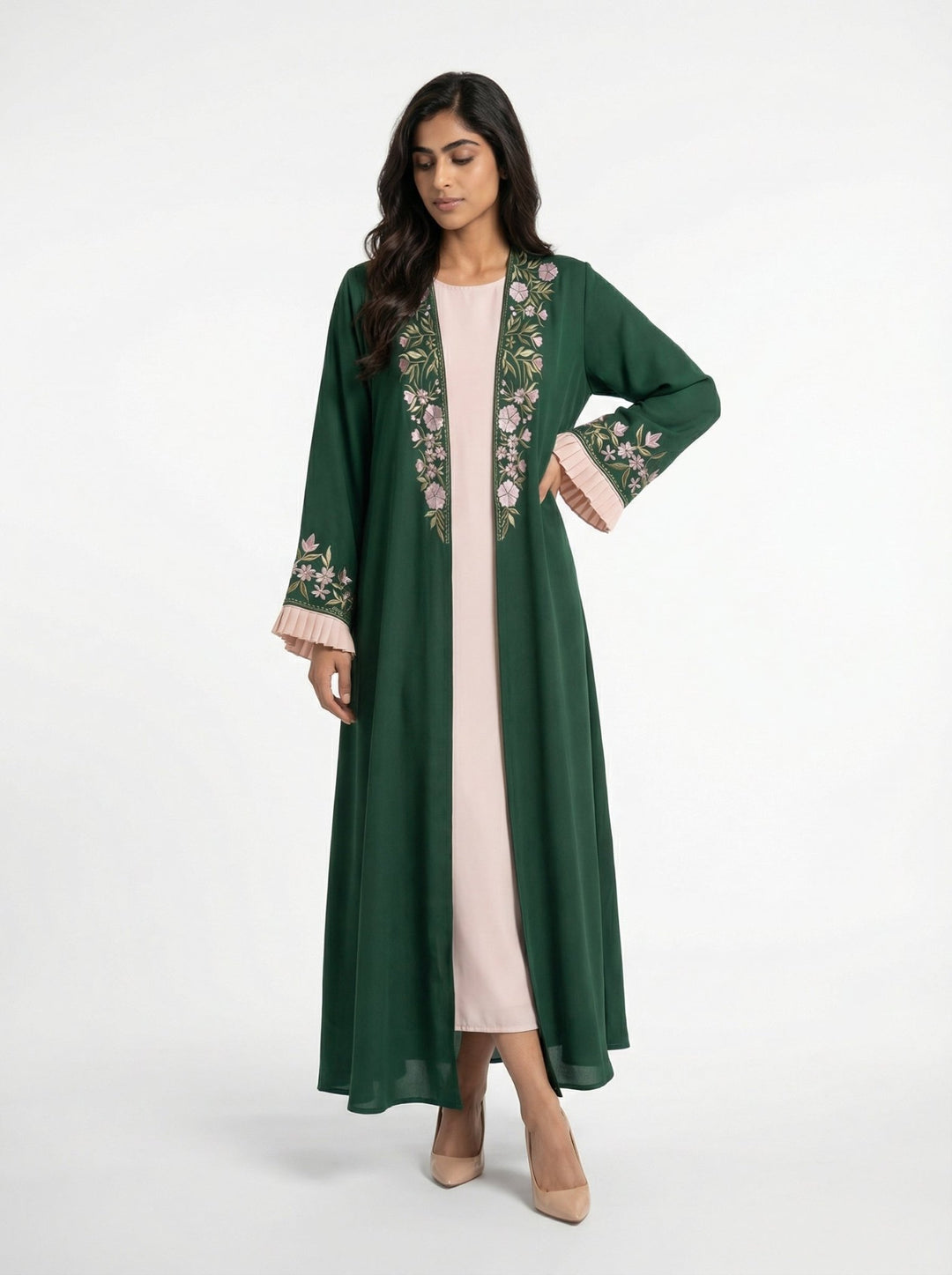 Green Embroidered Dubai Abaya - Floral Front Open With Belt - Abaya Elegance