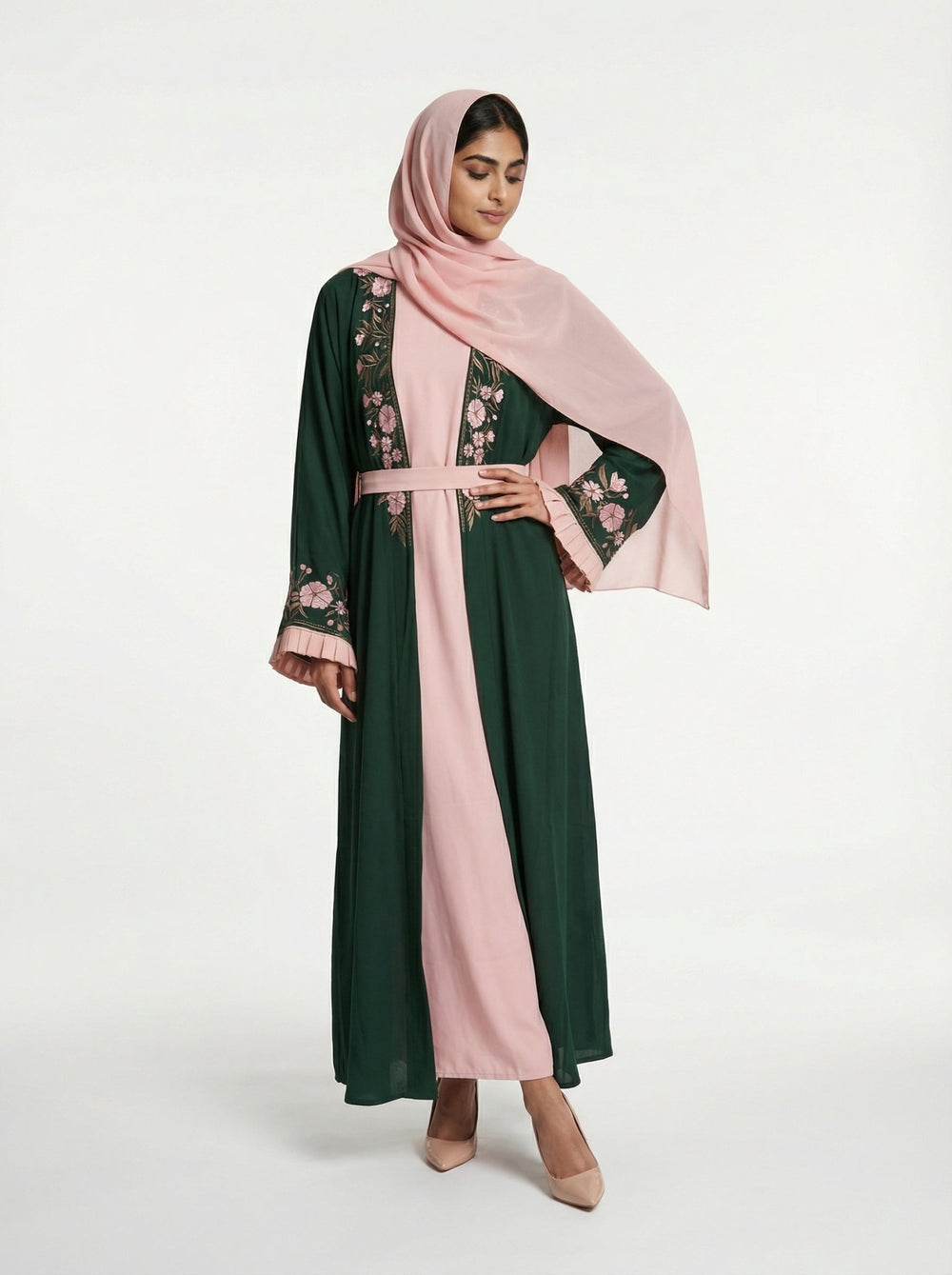 Green Embroidered Dubai Abaya - Floral Front Open With Belt - Abaya Elegance