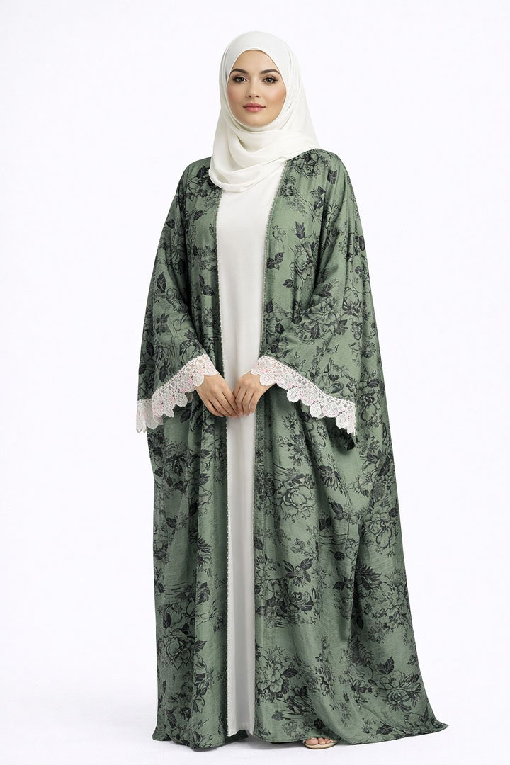 Green Floral Printed Open Abaya with Lace Sleeves - Abaya Elegance