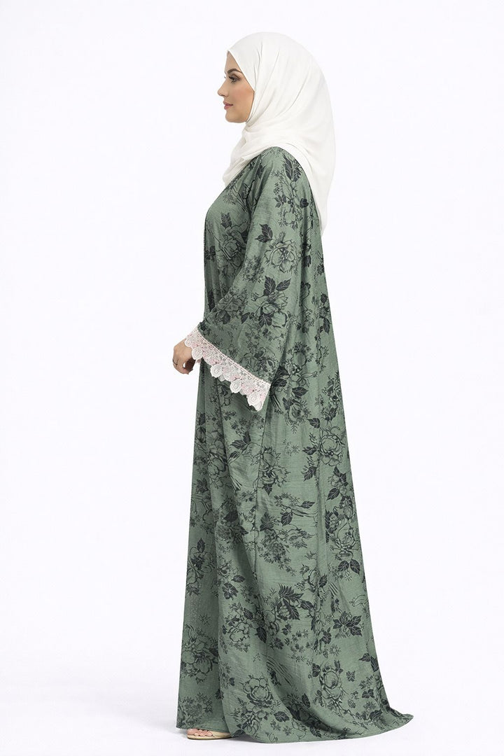 Green Floral Printed Open Abaya with Lace Sleeves - Abaya Elegance