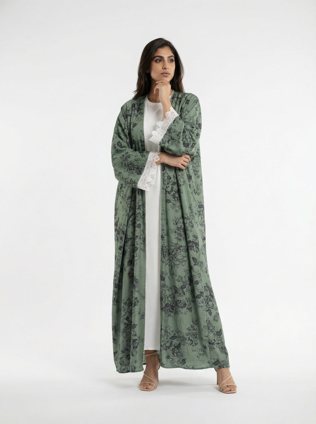 Green Floral Printed Open Abaya with Lace Sleeves - Abaya Elegance