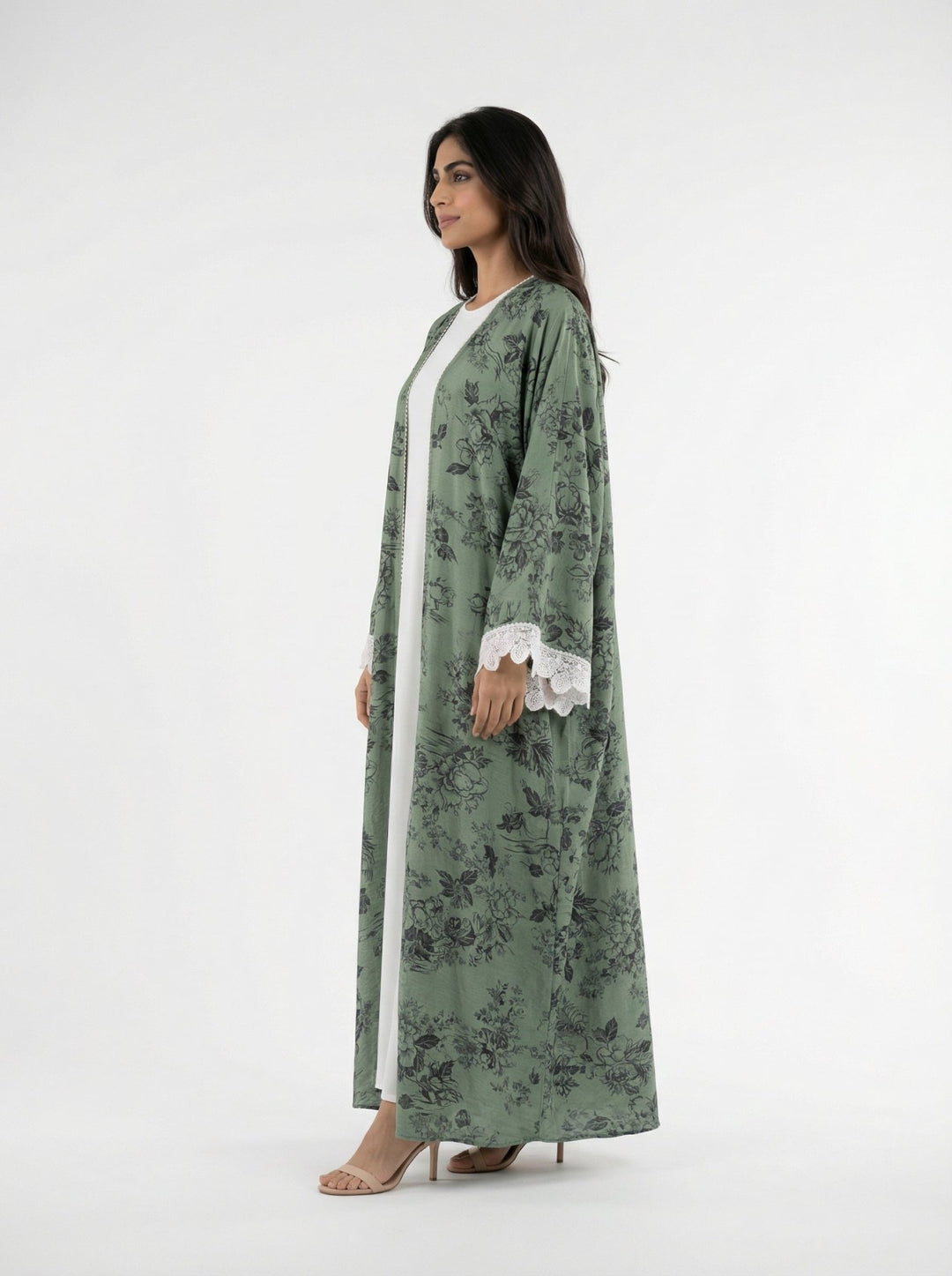 Green Floral Printed Open Abaya with Lace Sleeves - Abaya Elegance